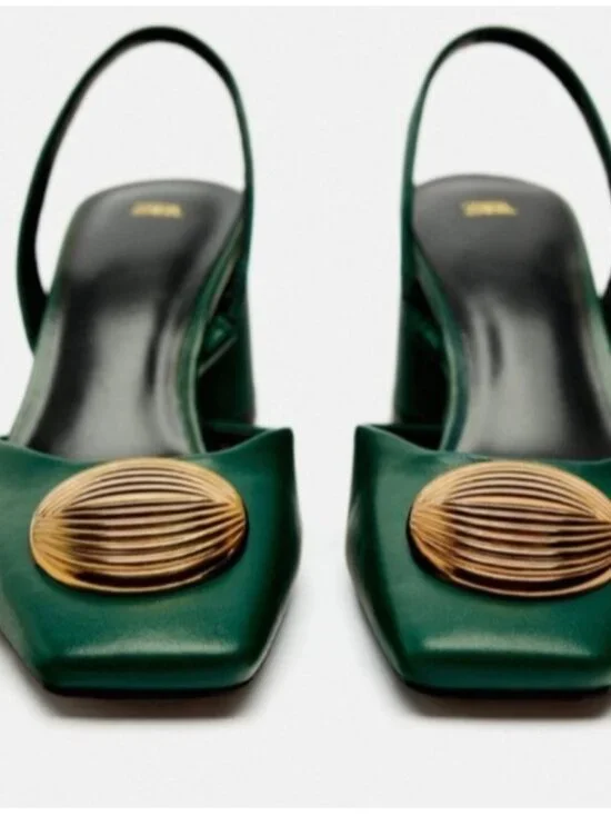 ZARA Green Leather Slingback Heels Gold Medallion Block Heel Women’s EU 41 US 10 - Picture 15 of 15
